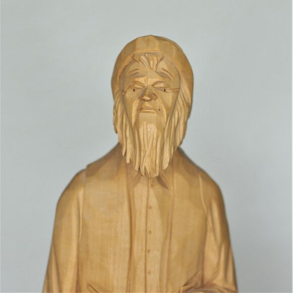 Vintage Hand Carved Wood Sculpture Quebec T. Picard 13" Bearded Man With Basket - Picture 6 of 8